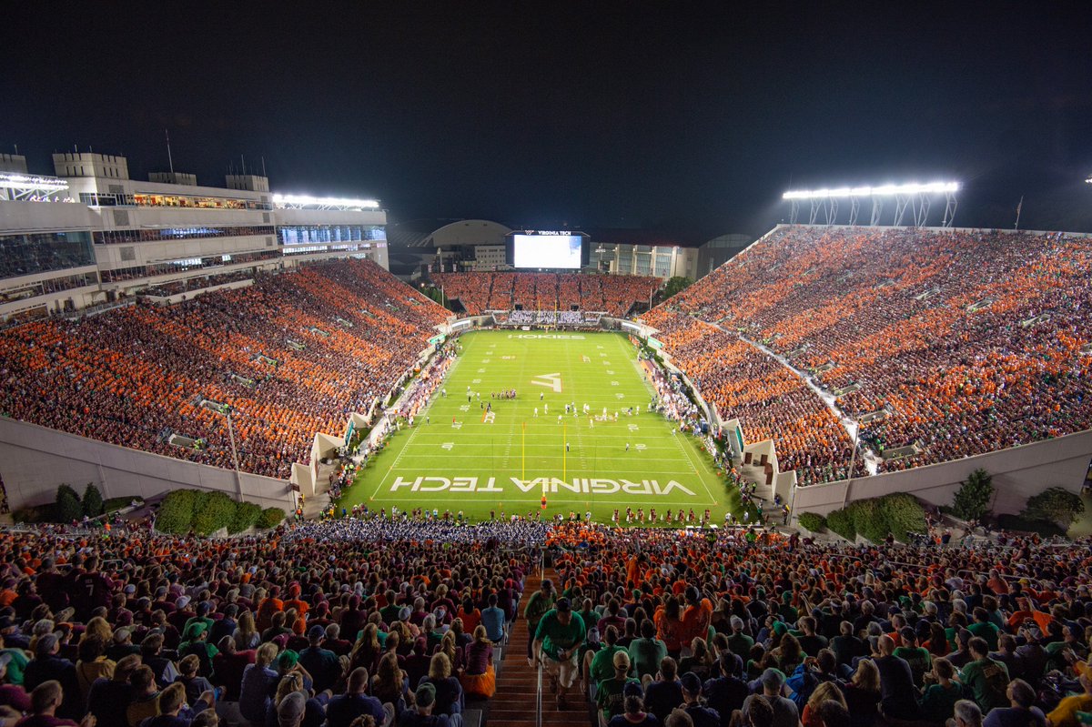 virginia_tech's tweet photo. ICYMI: Last weekend, #HokieNation celebrated Frank Beamer's legacy with a monument unveiling, striped the stadium, and enjoyed a skydiver entrance into Lane. 😲 🎉 🙌 https://t.co/mN4qrbBUQX