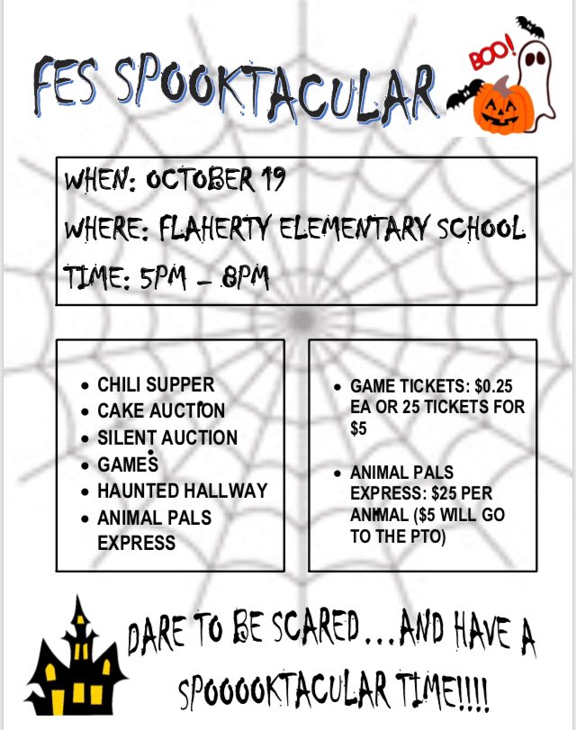 FES_PTO's tweet photo. Come help our Flaherty Elementary students, staff and families celebrate fall by coming to our Spooktacular event!! Tons of fun and memories await us!!! https://t.co/RvahNqgsqw