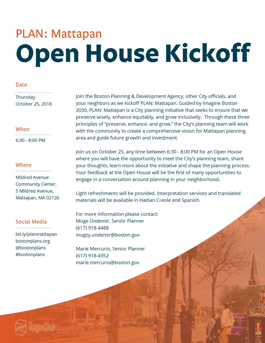 PLAN:Mattapan kicks off TONIGHT from 6:30-8pm at Mildred Ave Community Center (5 Mildred Ave in #Mattapan) 

Hablas espanol?  No hay problema!  Creole? Pa gen pwoblèm!

#ImagineBoston @Mattapan_ONS