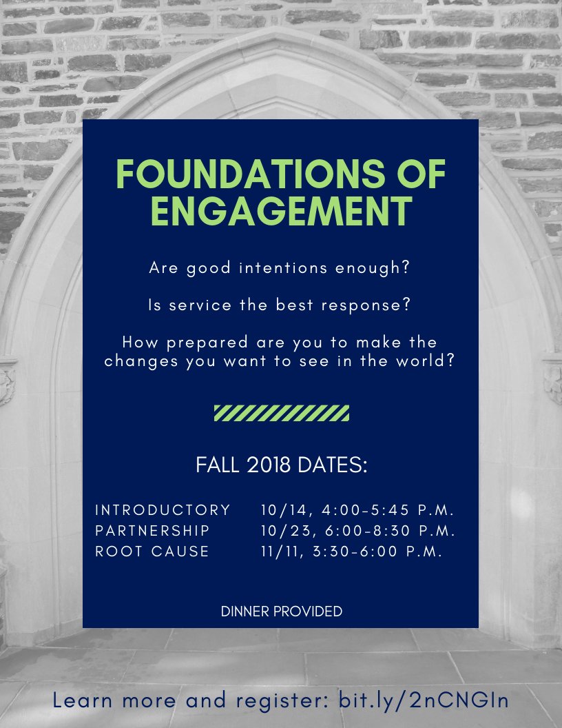 DukeLDSA's tweet image. Join the Duke of Civic Engagement at their three Foundations of Engagement workshops throughout the coming month. The Intro session will be Oct. 14, 4-5:45PM at the Edge, Bostock Library!