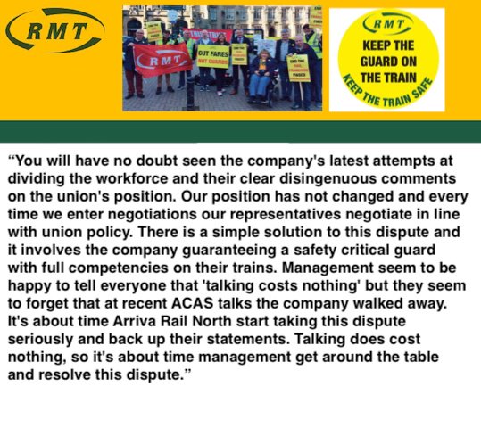 RMTNRC's tweet photo. "It is clear that the company are pushing through DOO, ignoring staff and passenger safety in the process. The actions of Arriva shows the utter contempt management has for you and your colleagues and this is totally unacceptable." #dawp #solidarity #worldtowin https://t.co/Pune4lZ25E