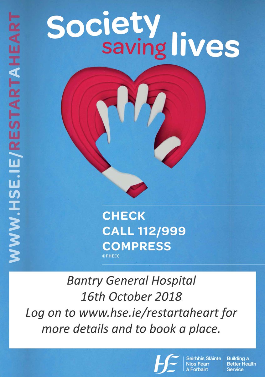 Restart a Heart day is a global initiative, to promote the awareness of CPR.  The CPR familiarisation session takes approx. 20 - 30 minutes of your time, but it  save a life. 
16th Oct 
Venue: Bantry General Hospital 
Times: 11.30am &amp; 2pm 
Book: hse.ie/restartaheart
