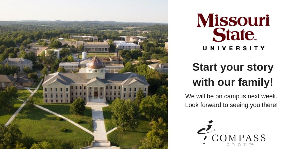 CGCareersUSA's tweet photo. Next week (10/17), we're coming to visit you, @MSUHospitality, @MissouriState! Make sure you drop by to talk with us about #CompassMITLife and your #future with @compassgroupusa. #hiring #jobs #applynow https://t.co/rzuObsmxkV https://t.co/6oiLqCkIyU