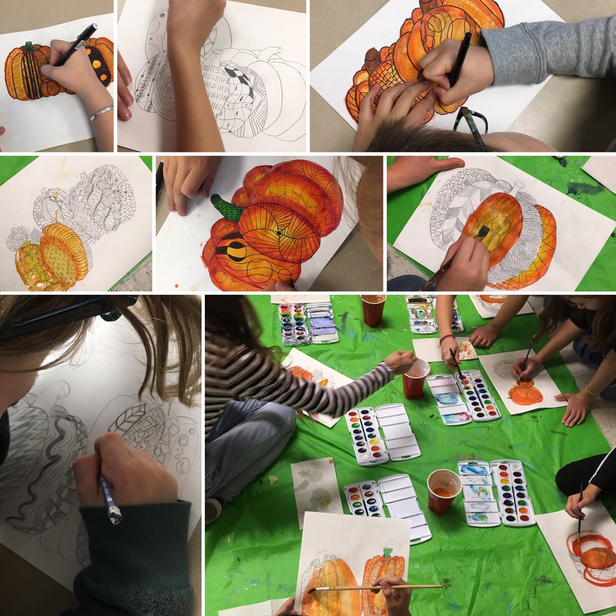 tmcGrade5's tweet photo. Painting and designing some Autumn pumpkins using zentangles (even though it looks more like winter outside)! Working on making them look 3D. #tmc52 https://t.co/bg4HEF84X2
