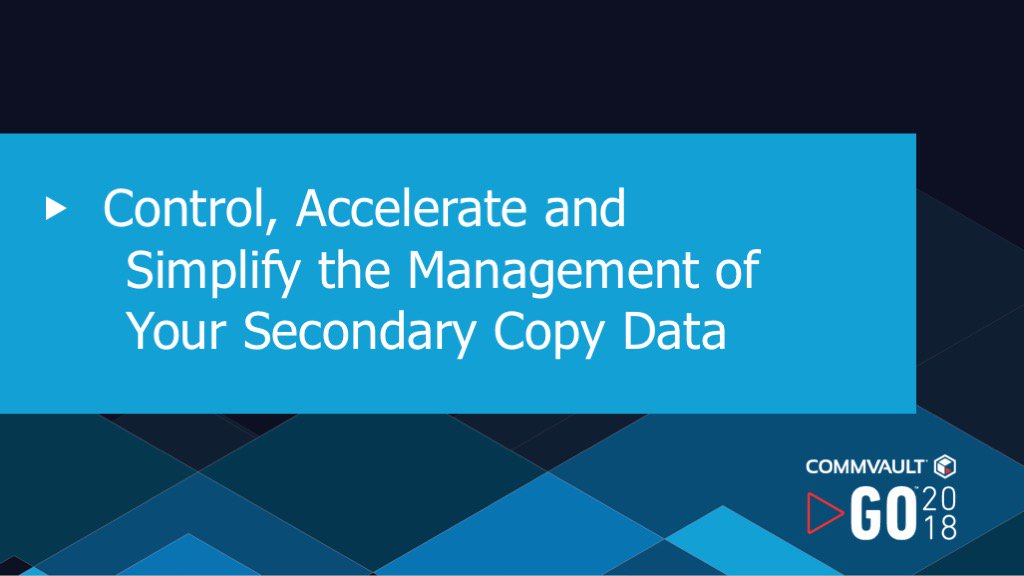 Commvault's tweet image. Come and join us in #CommvaultGO Theater 1, where you’ll learn to control, accelerate, and simplify the management of your #secondarydata. We’re kicking off in 30 minutes (4:00 pm CDT)