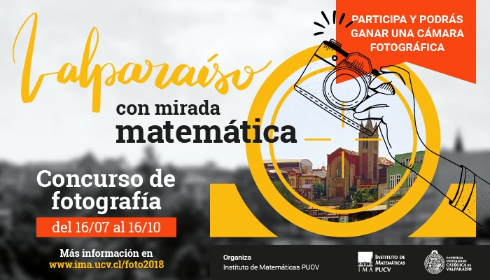 QUEDAN SOLO 6 DÍAS PARA ENVIAR TU FOTO AL CONCURSO "VALPARAÍSO CON MIRADA MATEMÁTICA".
PARA MAYOR INFORMACIÓN VISITA ima.ucv.cl/foto2018 
<a href="/CIENCIASPUCV/">MiguelGasson</a> <a href="/INGENIERIAPUCV/">Ingeniería PUCV</a> <a href="/usantamaria/">USM</a> <a href="/AmaliaPizarroM/">Amalia Pizarro</a>