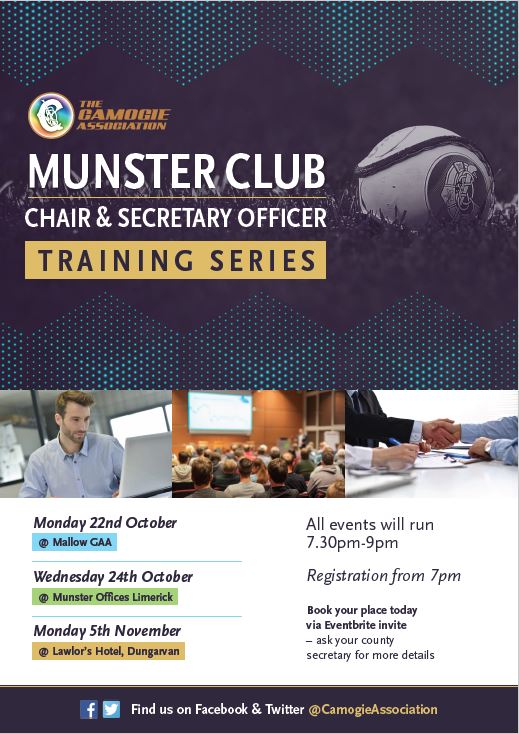 CamogieDevelop's tweet image. Calling all Munster Club Officers &amp;amp; Secretaries - Training Series this Oct&amp;amp;Nov - check out information below for Registration Details @MunsterCamogie @camogietipp @deisecamogie @CorkCamogie @kerrycamogie @ClareCamogie @LimCamogie
