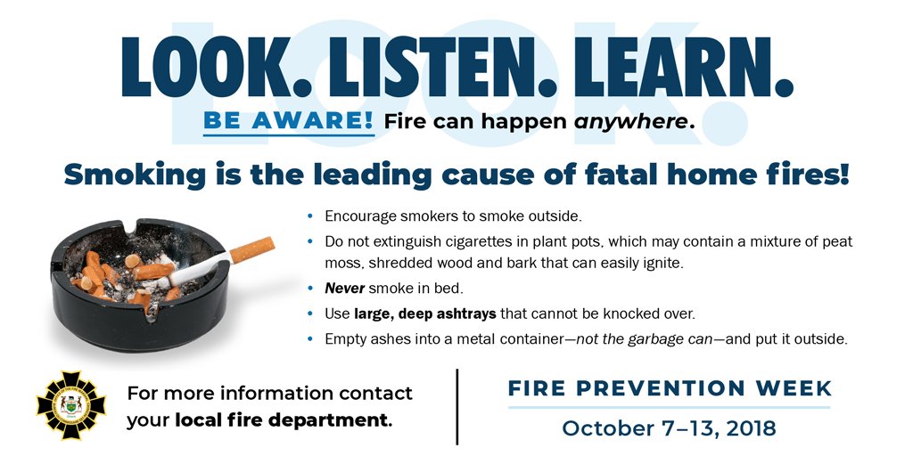 cityofmarkham's tweet image. Here are some tips to prevent fires if you or a family member smokes. #RT to let your loved ones know &amp;amp; keep them safe.

Join our @MarkhamFire open house: bit.ly/2Oto6EL

October 7-13 is #FirePreventionWeek! #LookListenLearn. Be aware. Fire can happen anywhere!