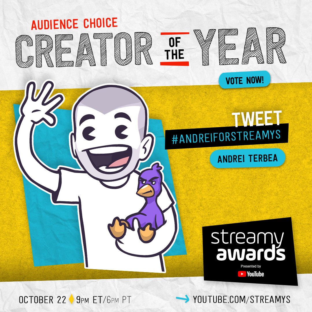streamys's tweet photo. Tweet #AndreiForStreamys to vote for @AndreiTerbea for Audience Choice: Creator of the Year at the #streamys! https://t.co/4eJ9ndCKGB