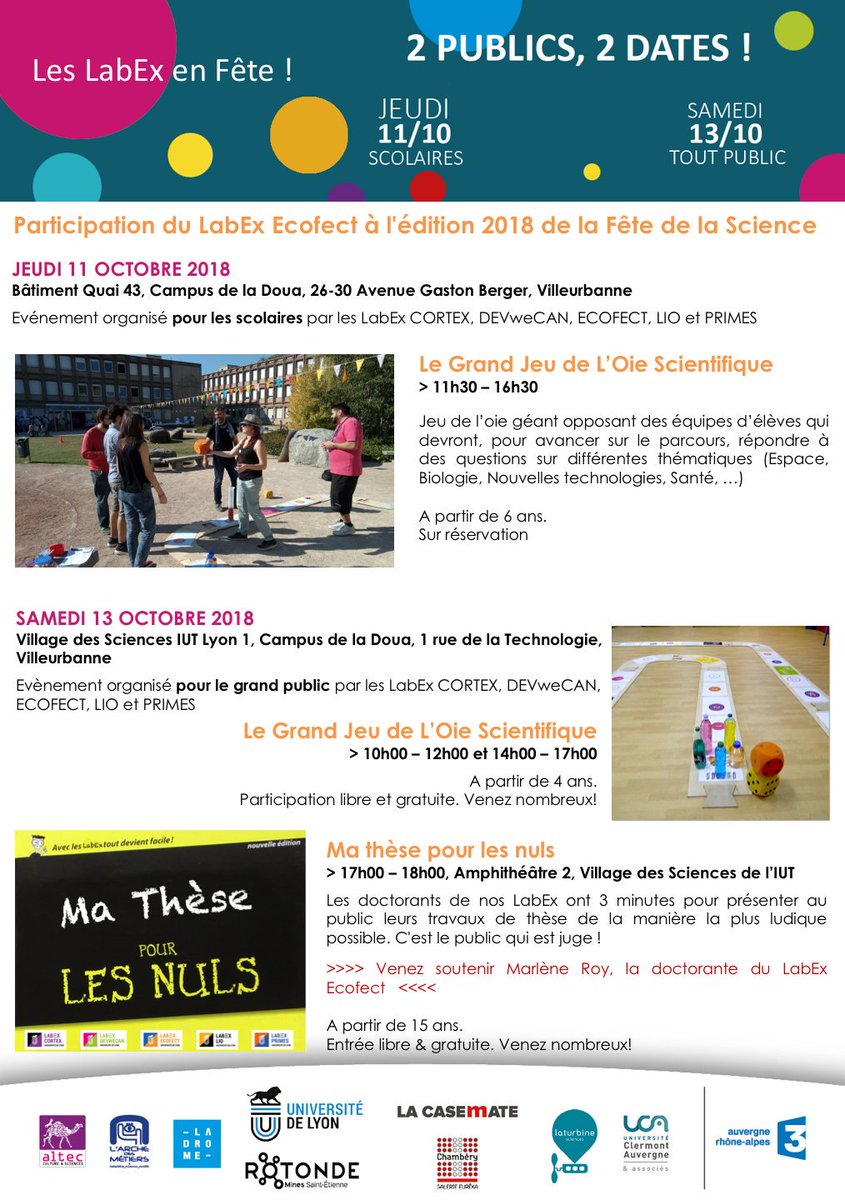 La Fête de la Science n'est pas finie ! Rdv samedi à 17h pour l'événement "Ma thèse pour les nuls" à l'IUT A (amphithéâtre 2) sur le Campus de la Doua. Venez nombreux !🙂
<a href="/FeteScience/">Fête de la science</a> <a href="/TreepVieira/">Cristina Vieira</a> <a href="/LbbeLyon/">LBBELyon</a> <a href="/UniversiteLyon/">Université de Lyon</a> @Inra_ARA @inra_sa @EPHE_fr <a href="/CNRS/">CNRS 🌍</a> #ecofect #IVPC #UMR754