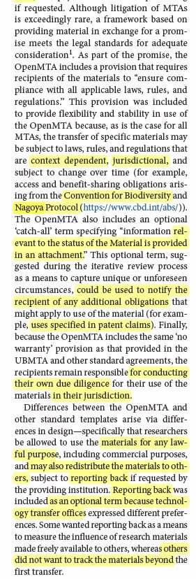 OscarALizarazo's tweet image. 4) The paper in @NatureBiotech on the #OpenMTA does mention the CBD and the Nagoya Protocol nature.com/articles/nbt.4…, but the MTA doesn&apos;t 
Apparently, patents are more important than international treaties with 196 parties, &amp;amp; with 107 countries parties?
The &quot;use clause&quot; is enough?