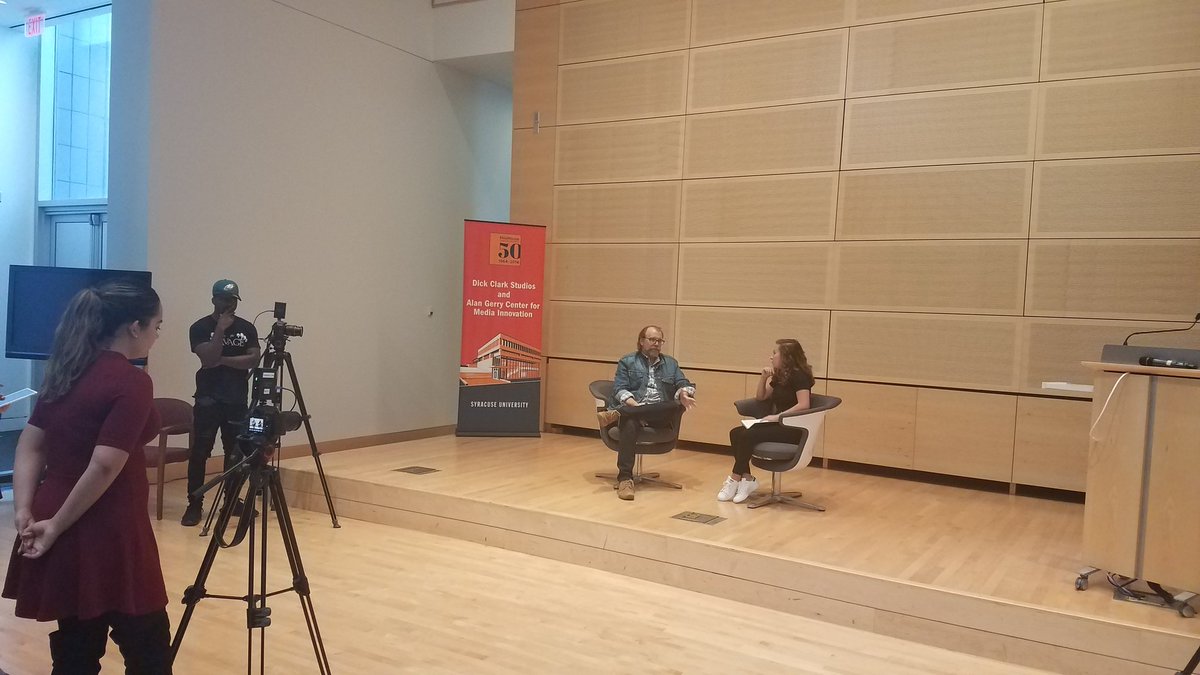 NewsHouse's tweet photo. Thanks to George Saunders for chatting with us today. Look for our video interview with him next week before his Oct. 18 University  Lectures talk in Hendricks Chapel. #SULectures https://t.co/Oba3ZyYIhT