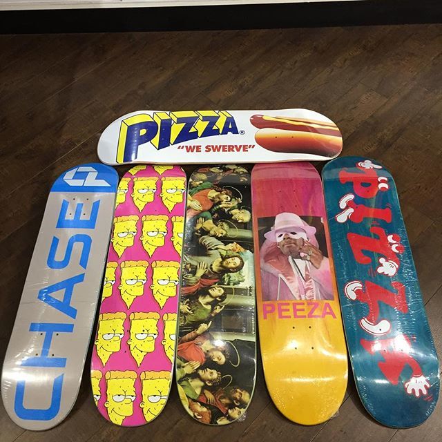 licknyc's tweet photo. A few new decks from @pizzaskateboards in the shop. #licknycnewarrival #pizzaskateboards #rkelly #peeza #lastsupper #bartsimpson https://t.co/oTvDDhrn4w https://t.co/9EFml5Fg8k