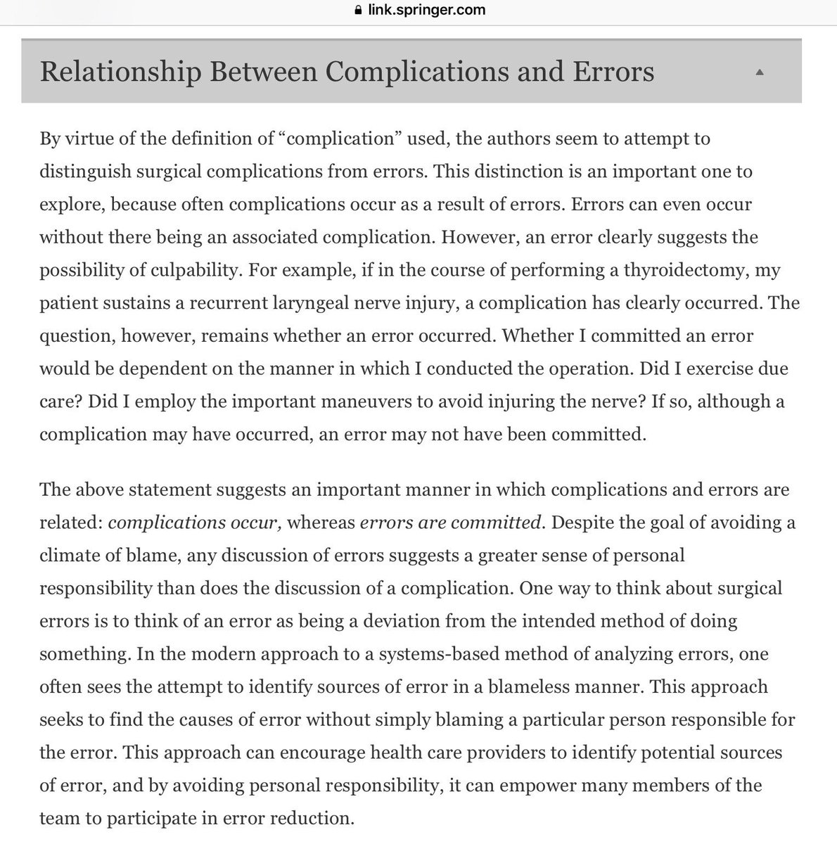 YorkLawLondon's tweet image. ‘Surgical complication is any undesirable, unintended &amp;amp; direct result of surgery affecting the patient, which wouldnt occur had the surgery gone as well as could reasonably be hoped’ 

‘Complications occur, whereas errors are committed’ #SoMe4Error @me4_so link.springer.com/article/10.100…