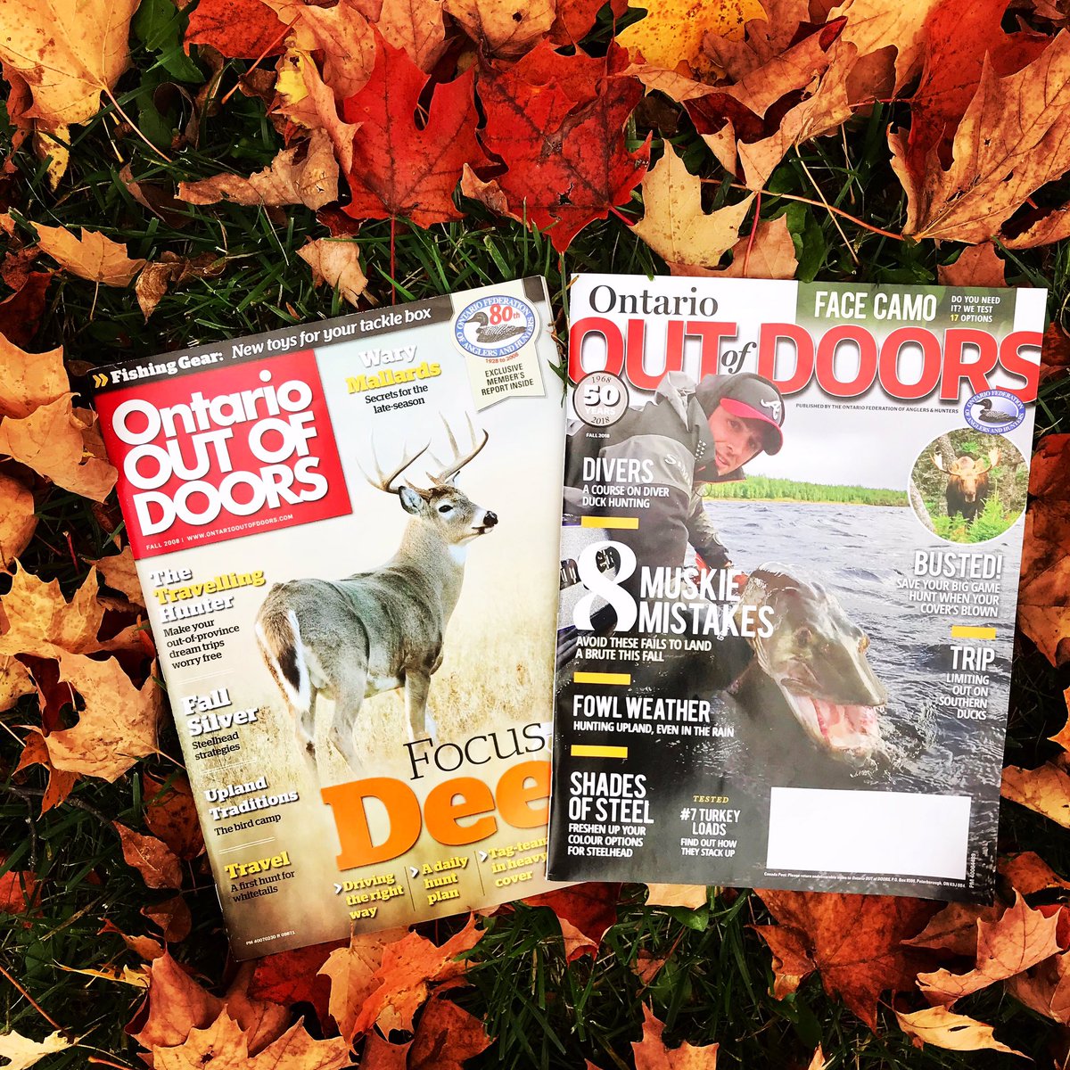 OODMag's tweet photo. Hard to believe these covers are already ten years apart! Fall 2008 ➡️ Fall 2018, on newsstands now or buy single issues in our new app https://t.co/lJh4QGBiJm  
#TBT #OOD50 #fallmagazine #fallissue #muskiefishing https://t.co/j43JwHQfUT