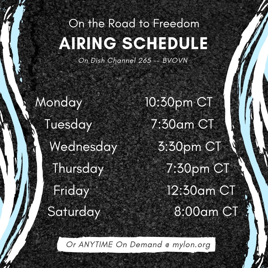 Christi_LeFevre's tweet photo. Check out our weekly “Road” schedule! Make sure you mark your planners and tune in to ON THE ROAD TO FREEDOM!
#mylonandchristi #ontheroadtofreedom #weeklytv #bvovn #dish265 #thetruththatsetsyoufree https://t.co/RBGzJyWBnA