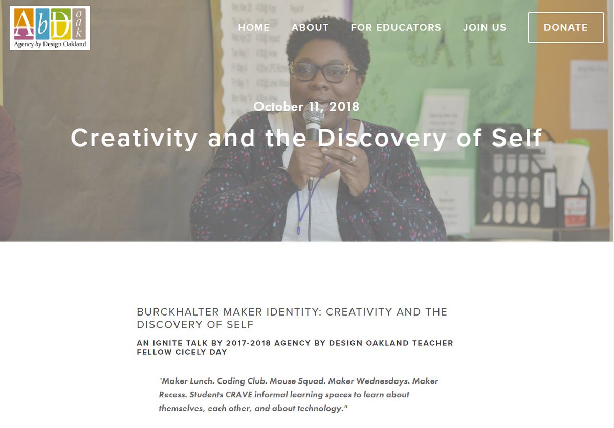AbdOakland's tweet photo. Now on our blog: Cicely Day's #ignitetalk describes how making and technology not only empowers her students in their learning process, but also gives them the opportunity to learn about themselves and their #agency:  https://t.co/HUTTkicRxa #makerempowerment #makeridentity https://t.co/H76wdlCjDK