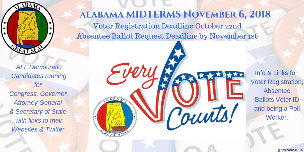postcards4USA's tweet photo. #ALABAMA  #Midterms2018 #VoteBlueAL
THREAD of all ALABAMA Democratic Candidates
Photos, graphics, websites &amp; Voter Info Links: 
FB POST: https://t.co/vX5TrLOdaf
https://t.co/n0spvmmJP2
GoogleDoc version: https://t.co/KkvFReC5AZ
#AL01 #AL02 #AL03 #AL04 #AL05 #AL06 #AL07 https://t.co/x0uAE82srx