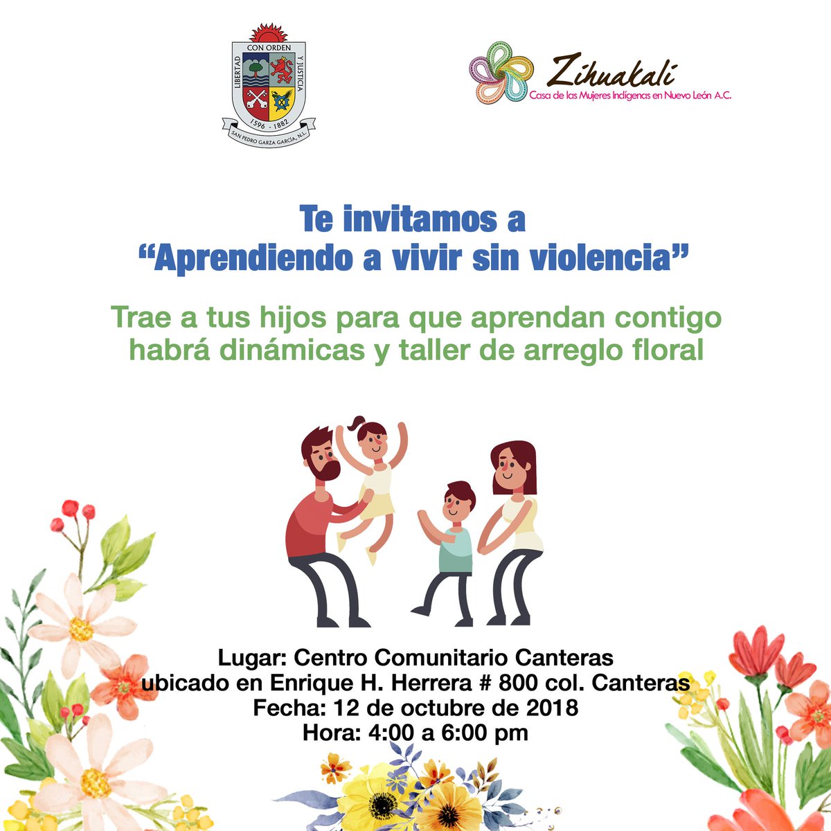 Inscríbete  al taller "Aprendiendo a vivir sin violencia" que se llevará a cabo este 12 de octubre de 4:00 pm a 6:00 pm en el Centro Comunitario de Canteras.

Comunícate al Tel. 84 00 44 88 para mayor información.