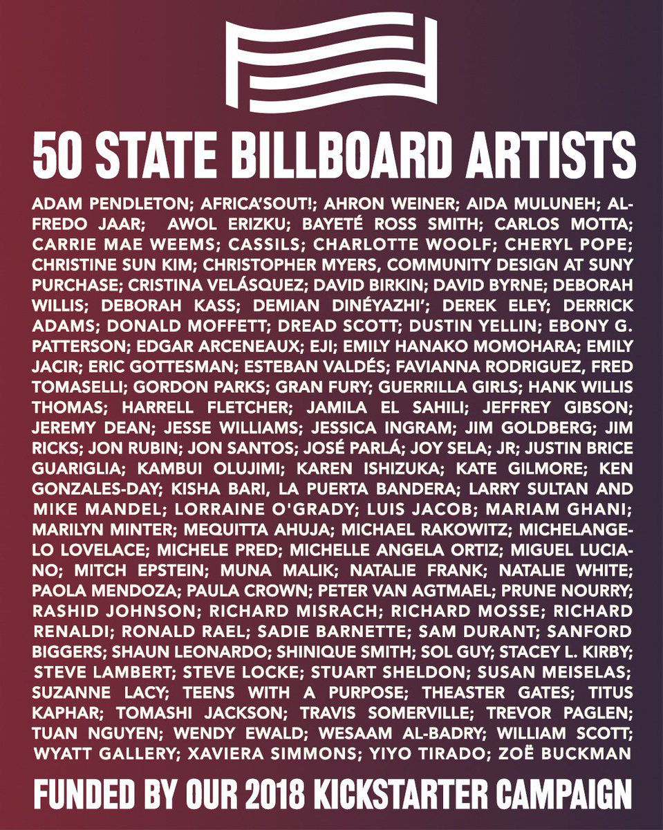 forfreedoms's tweet photo. Exciting news! Here is the list of #ForFreedoms billboard artists funded by our @kickstarter. Thanks to you, the #50StateInitiative is the largest artist collaboration in US history not only through billboards but incredible exhibitions &amp; town halls at our partner institutions. https://t.co/G8YIOYM3LV