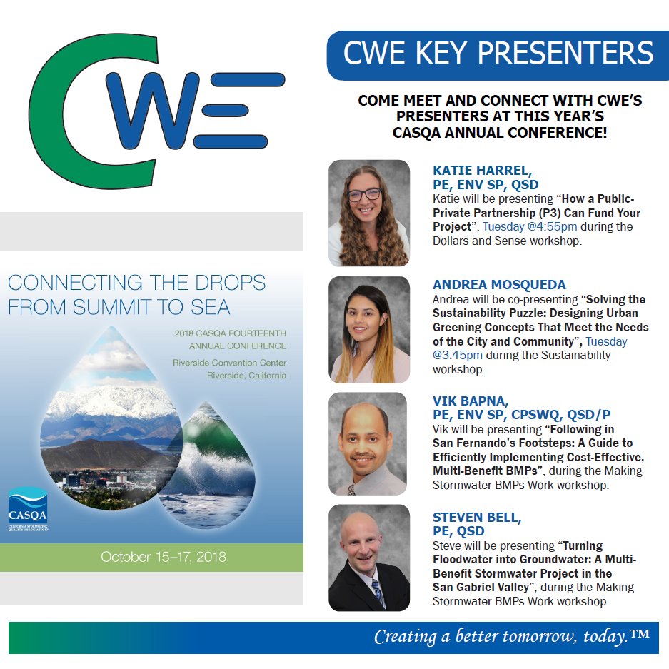 CWECorp's tweet photo. Katie, Andrea, Vik, Steve, and many other #CWE staff are excited to connect with you at #CASQA's 14th Annual Conference, October 15th - 17th at the Riverside Convention Center! https://t.co/ocPVlF91Gf