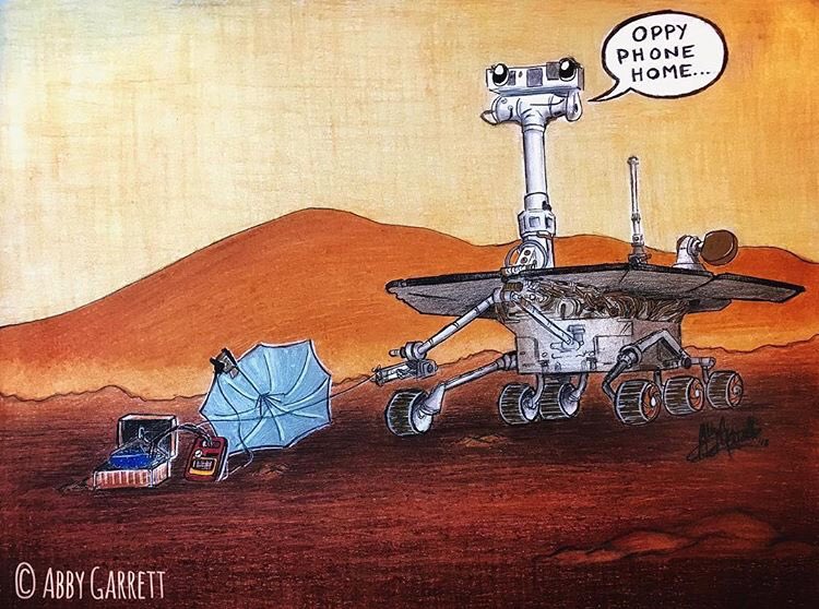 abbygarrettart's tweet photo. @MarsRovers @NASA Maybe she’s still working on the transmitter. Perhaps a glitch with the Speak &amp; Spell. #oppyphonehome #oppyart https://t.co/TSMZ5eSEEh