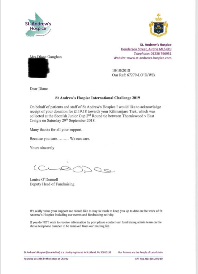 Following a collection at our recent Scottish Cup Tie, 
Diane has been in touch to say
thank you for the monies raised at the match in aid <a href="/StAndrewHospice/">St. Andrew's Hospice</a>  to go towards her Kilimanjaro Fund Raising Target –  and she wishes to pass on her thanks to <a href="/Ecjfc/">East Craigie FC</a> and <a href="/Thorniewood/">Thorniewood United FC</a> 👏🏼👏🏼