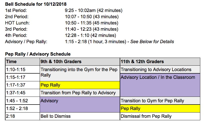 Hawks, We are on a 2 hour delay on Friday.  After getting some feedback, it seems clear that faculty &amp; students alike want the pep rally &amp; advisory to move forward on Friday.  
  
So, Here's our schedule.  Please RT
Questions? wcpss.net/HSHSQuestions
