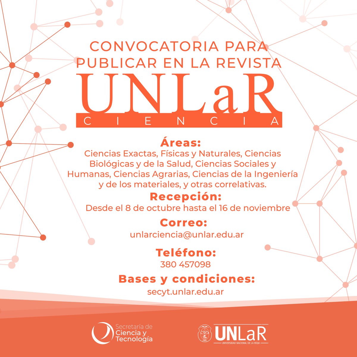 Secytunlar's tweet photo. Convocatorias para publicar en la Revista UNLaR Ciencia. 
Los interesados deberán enviar sus trabajos desde el 8 de octubre hasta el 16 de noviembre al correo: unlarciencia@unlar.edu.ar
Para consultas llamar al teléfono: 380 457098
Bases y condiciones: https://t.co/0fzNCX3nd5 https://t.co/mIfAsoHNol