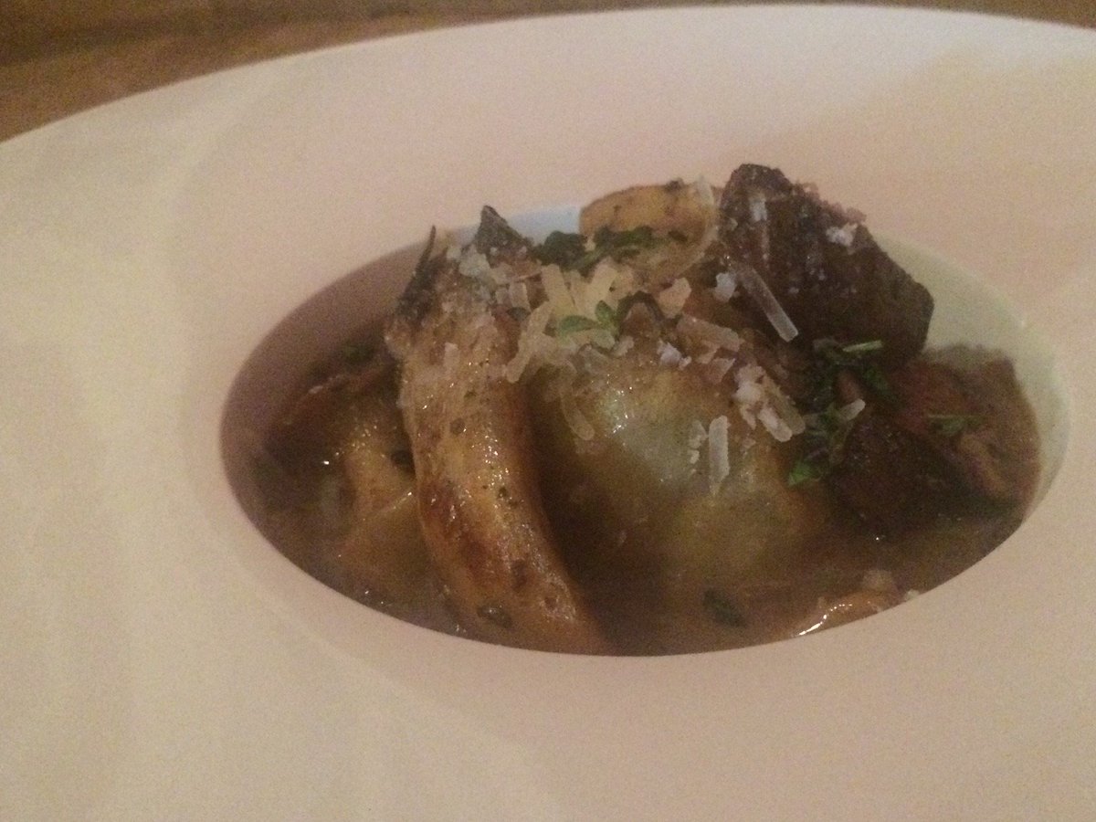 PremiumDakBeef's tweet photo. This week’s Bros local wagyu feature: Wagyu shortrib ravioli with local grilled king trumpet mushrooms and rosemary, roasted garlic, and horseradish cream sauce! #wagyu #wagyubeef #wagyusteak #wagyuburger #hifromsd #DTSF #downtownsiouxfalls https://t.co/XDucybPr25