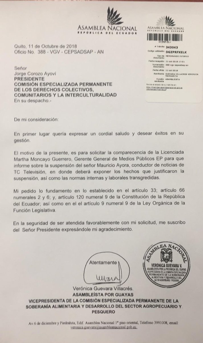 VeroGuevarav's tweet photo. He solicitado la comparecencia de Martha Moncayo, Gerente de @tctelevision en @DerColectivosAN de @AsambleaEcuador para que exponga las normas legales que @MauricioAyoraTC ha transgredido, razón por la cual fue motivo de suspensión en el Noticiero donde labora👇🏼: https://t.co/sYzrPyWG6r