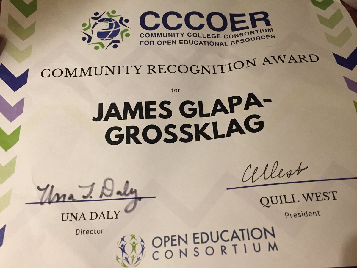 JGlapaGrossklag's tweet image. Grateful to my #oer community ⁦@cccoer⁩ ⁦@oeconsortium⁩ for recognition of the work of so many people ⁦@canyons⁩ #OpenEd18