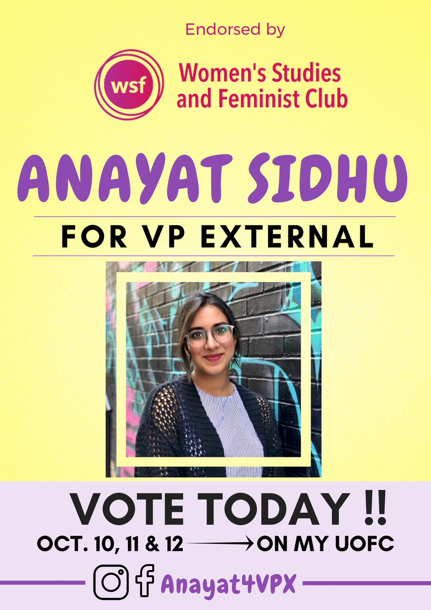 Our team is excited to endorse Anayat Sidhu for VP External in the <a href="/SUUofC/">University of Calgary Students' Union</a> by-election. We are impressed by her platform, experience, and commitment to improving student life. Voting ends on Friday, October 12 - sign in to your #myucalgary portal and vote now! #ucalgary #su