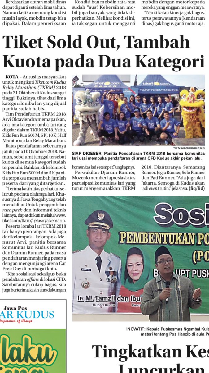 tkrm2018's tweet image. Radar Kudus, 10 Oktober 2018
Antusias masyarakat mengikuti #TKRM2018 pada 21 Oktober 2018 di Kudus sangat tinggi. Buktinya tiket dari 5 kategori lomba lari melalui online dan offline habis sebelum batas pendaftaran lomba ditutup.
Sampai jumpa di Kudus dan terus berlatih!