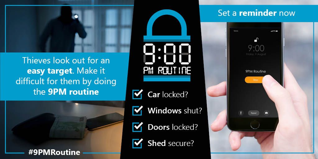 AbbyPoliceDept's tweet image. It's that time!  Please lock up for the night! ⏰ #9pmRoutine

Consider setting a daily reminder to:
- lock your car
- shut your windows 
- lock your doors
- close up garage doors and sheds
Don't be an easy target! #lockitupAbbotsford #LockItorLooted