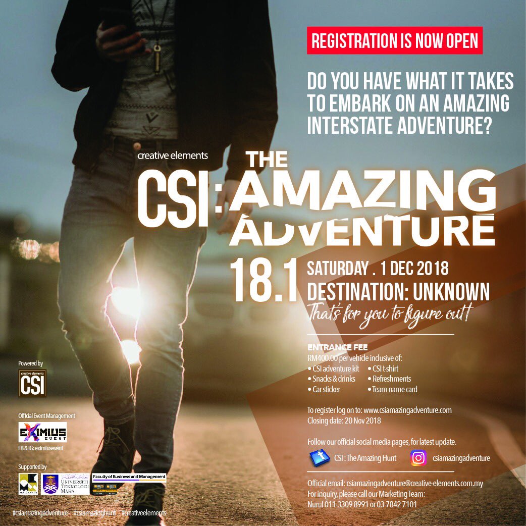 EximiusEvent's tweet image. THE NEW CSI: THE AMAZING ADVENTURE 18.1 1 December 2018 Dare to take the challenge?  REGISTER NOW at: csiamazingadventure.com  @csiamazingadventure  #csiamazingadventure #csiamazinghunt #adventure #amazinghunt #challenge #creativeelements #malaysia #hunt #explore