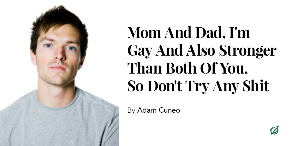 TheOnion's tweet photo. "I was born this way. It wasn't a choice. It was, however, a choice to develop huge biceps like this, so take a good long look at them before you think of uttering a hurtful or bigoted remark." https://t.co/E95veWrrbo https://t.co/k1l9B2PsZK