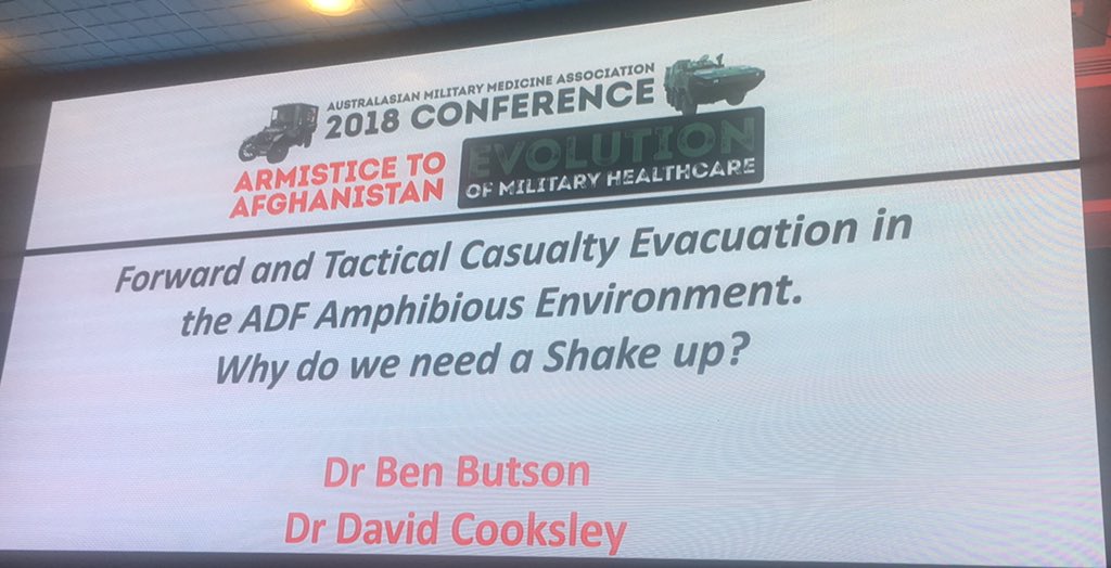 stujb77's tweet photo. #AMMA18 Great presentation from LTCOL Butson &amp; WGCOMD Dave Cooksley about the importance of training our #cbthealth pers in AME and other retrieval platforms. It’s not just about aircraft we need to think about all #casevac possibilities from POI to R2E; land, air or amphibious. https://t.co/TNBXwXw4yu