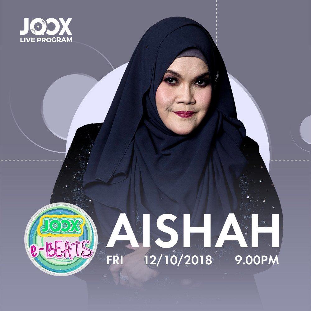 JOOXMY's tweet photo. Kali ini di JOOX e-BEATS kami nak bawakan anda bersama #Aishah!

Jam 9 malam ini, jangan lupa tau!

Ikuti perkembangan terkini &amp; chat secara LIVE nanti, kita jumpa di aplikasi JOOX anda nanti okay! ✌️😉

#joox #jooxmy #jooxmusic #jooxlive #ebeats #liveprogram #jooxebeats https://t.co/UEpw0X2yyn