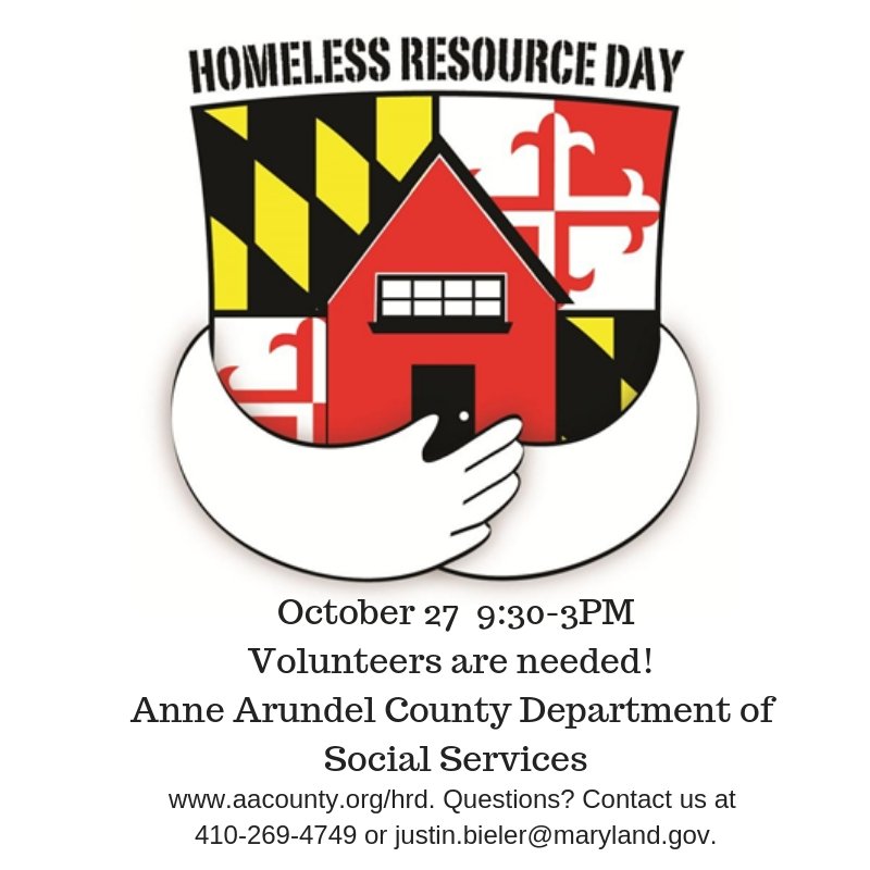 Volunteers are needed for the 10/27 Homeless Resource Day. Contact Justin to sign up! #volunteer #homeless #homelessresourceday2018 #aacounty #annapolis