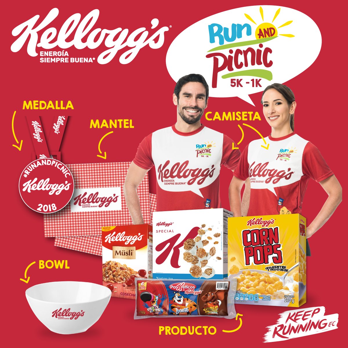 KeepRunningEC's tweet image. ÚLTIMOS CUPOS! 1era. Edición #Kelloggs #RunAndPicnic. Dom 14. Inscríbete hasta el VIE12 en:.
• CC. Quicentro Planta Baja, ingreso de la Av. Naciones Unidas.
• CC. Caracol - Silvio Guerra Sports. 
• keeprunning.ec . 
SÁB 13 en: 
• Hotel Dann Carlton, 9AM a 7PM.