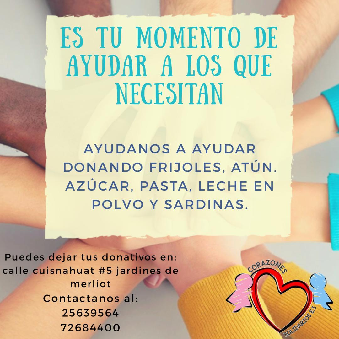 Ayuda a todas las personas afectadas por las lluvias donando vivires. Pueden llevar sus donativos a Calle Cuisnahuat #5 Jardines de Merliot. Para más información, contáctanos a: 25639564 o 72684400. Toda ayuda es bendición para los necesitados #CorazonesSolidarios#AyudanosaAyudar