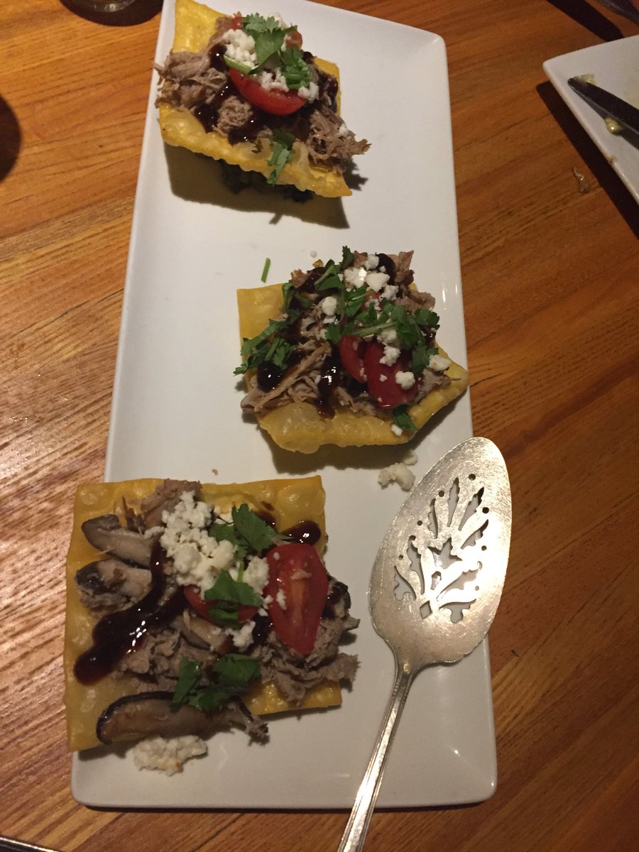 deckbro's tweet photo. @TheMissGabiSams Birthday dinner round two @toftestable duck confit tostadas, pumpkin cheesecake and creme brûlée!  Thank you Chef Jason and Cristina Tofte #cheescakewas4me #bdayweek https://t.co/mA6sQv13sV