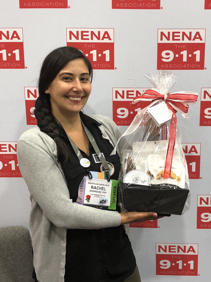 911NENA911's tweet photo. Congratulations to Rachel Rodriguez, GISP from Los Angeles County Enterprise GIS Group!  She won a 2019 @911NENA911 Membership and a @brandinitoffee gift basket at @URISA #GISPro2018 @URISAVC https://t.co/xBunW6h6ip