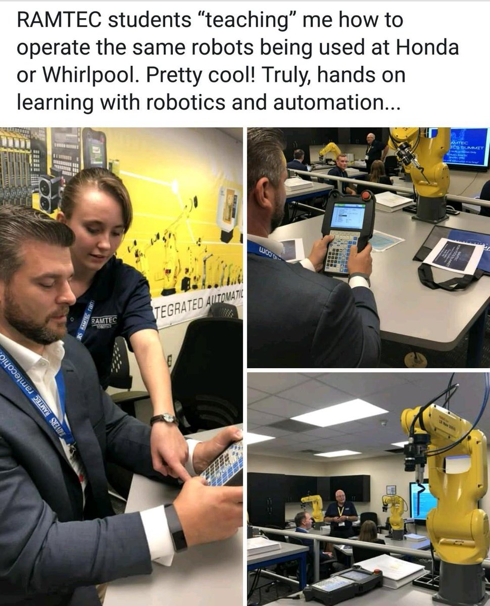HardingRobotics's tweet photo. Cheyanne Thomas teaching Dustin Pyles, former director of Ohio Stem Learning Network/Battelle, on how to use Fanuc robots at the RAMTEC Robots Summit today at Tri-Rivers.  #marionmade #ramtecohio #skillsgap #TRCCAmazing #WeRPrexies https://t.co/lTLHDA2awm