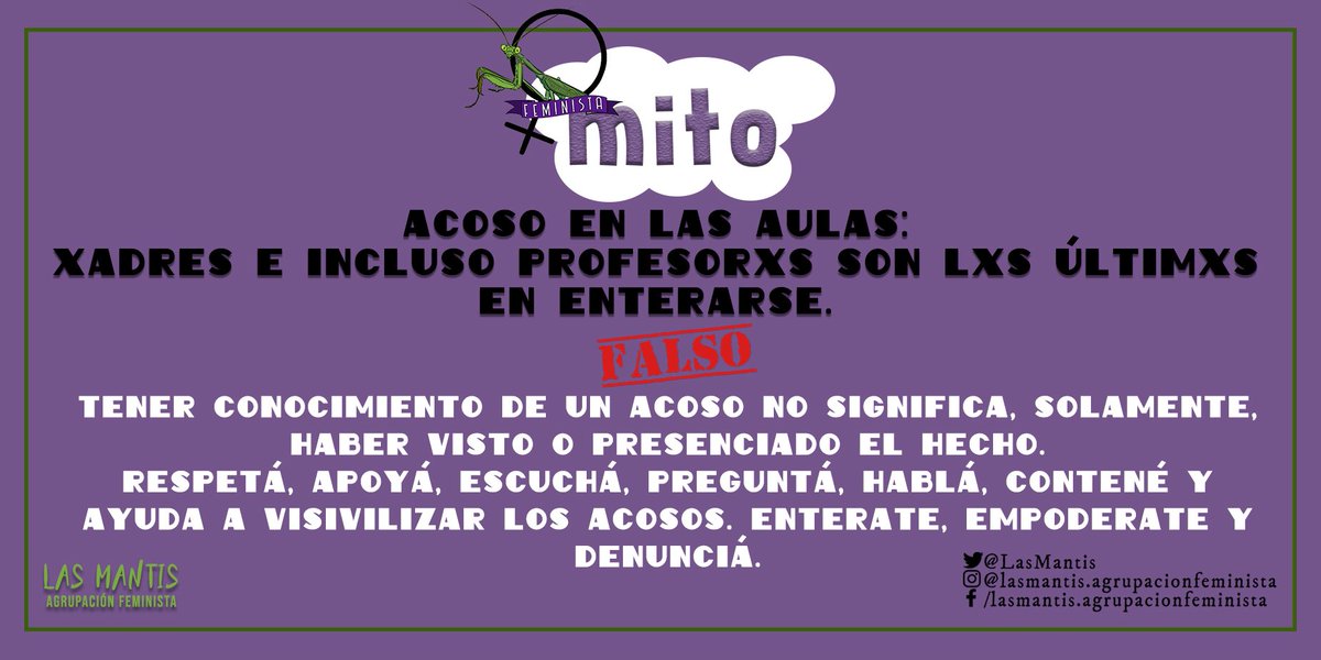 LasMantis's tweet photo. Jueves de #Mito #AcosoEnLasAulas #NoNosCallaran #NoNosCallamosMás #Feminismo #EmpoderateHermana
La cotidianeidad escolar –como la de cualquier institución– está plagada de violencias solapadas que están adheridas e invisibilizadas como si fueran manchas de humedad. https://t.co/8ycmEc5Kyp