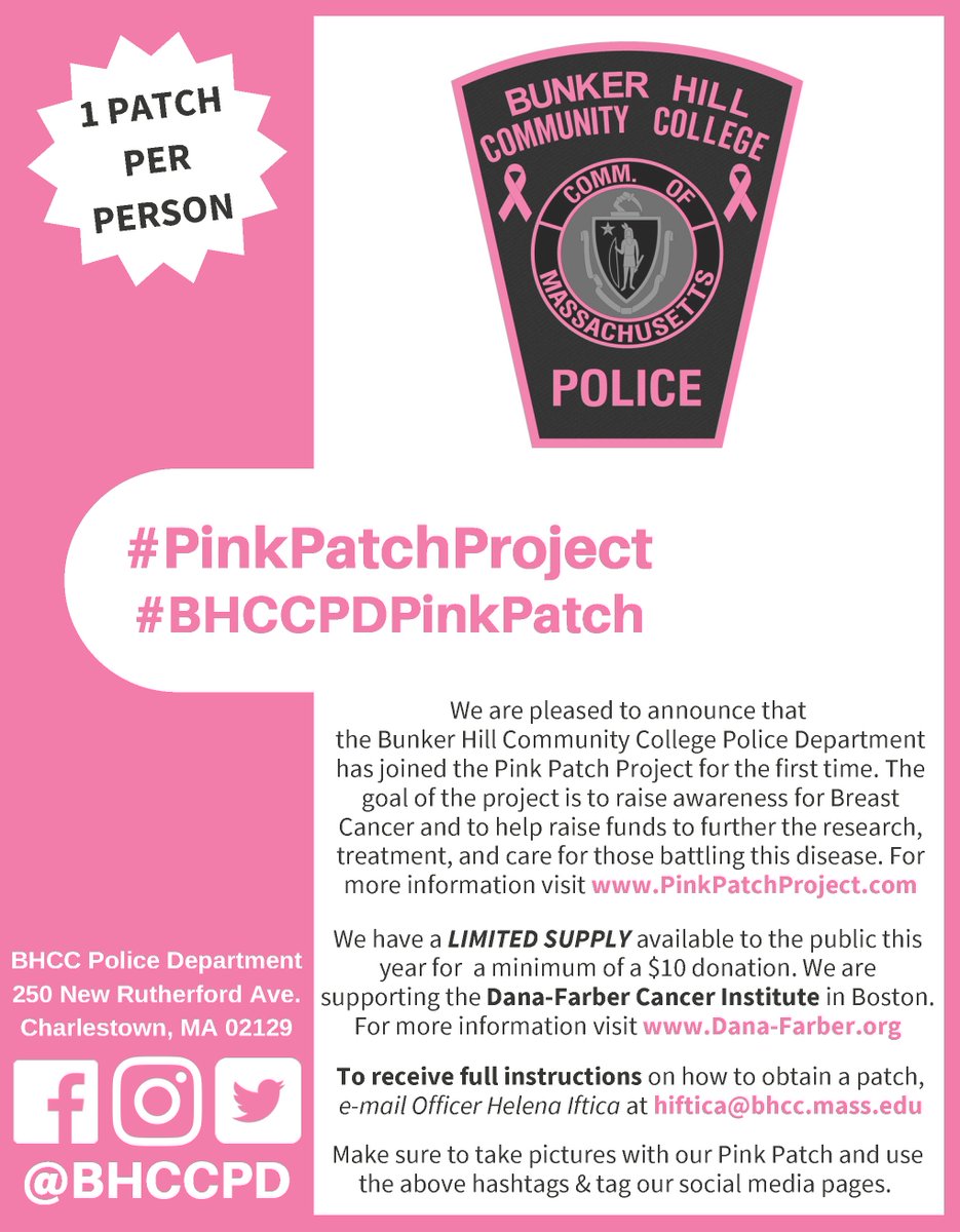 BHCCPD's tweet photo. Our BHCC Pink Patch is now available to the public! TO RECEIVE FULL INSTRUCTIONS on how to obtain a patch, e-mail Ofc. Iftica at hiftica@bhcc.mass.edu . Make sure to tag us in your pictures! #PinkPatchProject #BHCCPDPinkPatch #BreastCancerAwareness #PuttingTheCuffsOnCancer https://t.co/NWGuLLAfnE