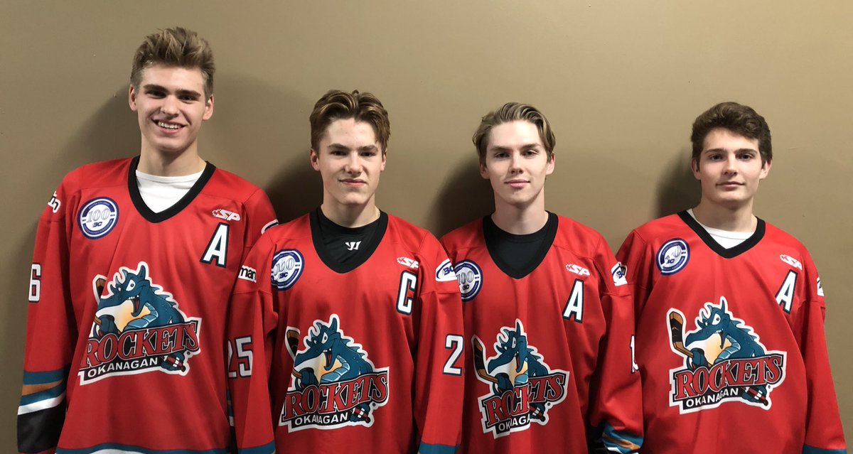 OKRockets_aaa's tweet photo. Okanagan Rockets announce 2018-2019 leadership group! @BCHockey_MML 

C - Chase Dafoe
A - Scott Gilowski 
A - Corey McCann
A - Will Reimer https://t.co/A6S7mldfuC