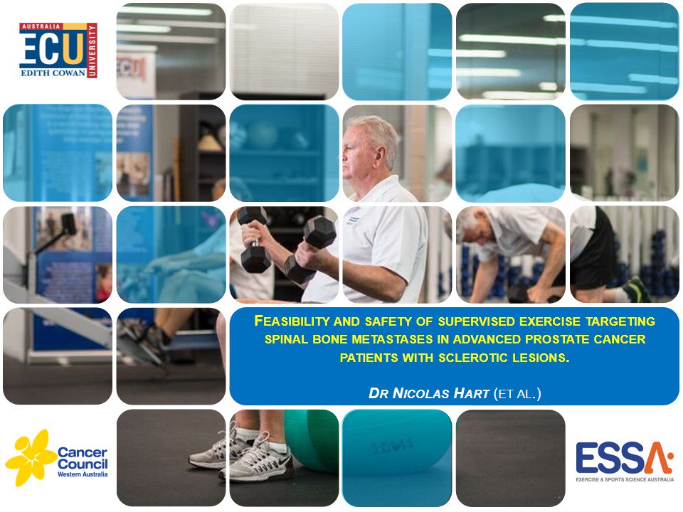 DrNicolasHart's tweet image. #ExOncTC (1/6): Funded by @CancerCouncilWA, we examine whether (1) it’s safe to target sclerotic bone metastases using isometric muscle loads within a resistance and aerobic exercise program; and (2) advanced prostate cancer patients would comply with, and adhere to the program.