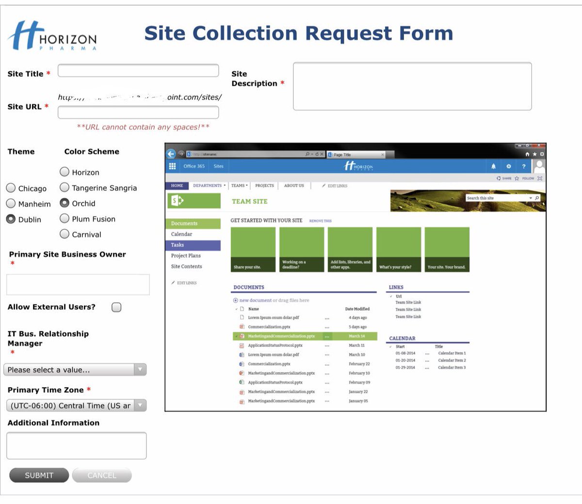 probbins's tweet photo. #MyFavWorkflow Self service #SharePoint site collection request form. Emails business relationship manager for approval, sets up site, themes and brands site automatically. @Nintex https://t.co/sLPlfOafb5